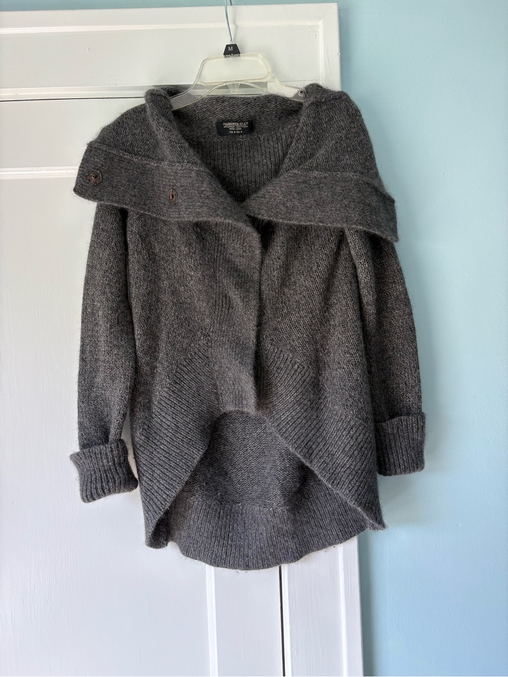 AllSaints Ursula Escape Cardigan Angora Blend Charcoal Gray Cowl Neck Sweater